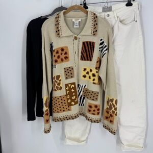 Talbots vintage jungle patchwork animal print cardigan Sweater w/bead accent L